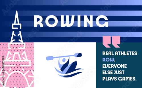 Vector banner with sports symbol and icon of a rower holding oars above his head. Famous quote about rowers. Rowing poster with rower, quote