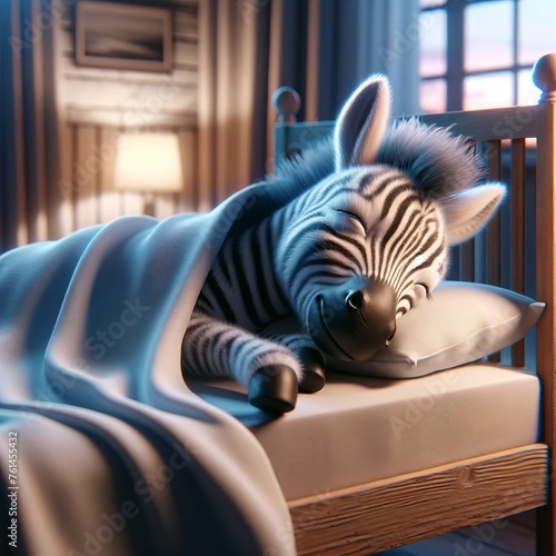 Baby Zebra Sleeping. Cute Character in Bed under Blanket. Cozy Evening Bedroom Room Interior Design. Soft Lightning. Realistic Adorable Animal Illustration. Sweet Dreams Sand Good Night.