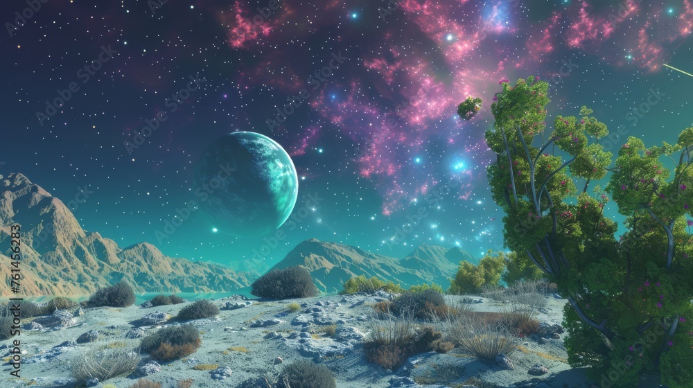 Fantastical cosmic landscape with a vibrant galaxy, flowering meadow, and celestial bodies. Ideal for space fantasy, science fiction, and astrology themes.