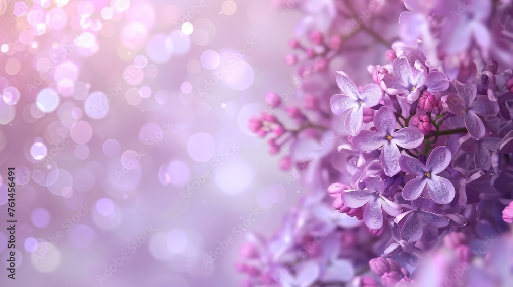 Soft lilac flowers on a dreamy, bokeh background with hues of purple and pink, symbolizing early summer and fragrant gardens.
