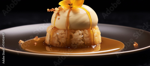 Close-up of a plated dessert with a caramel sauce and an orange flower on top.