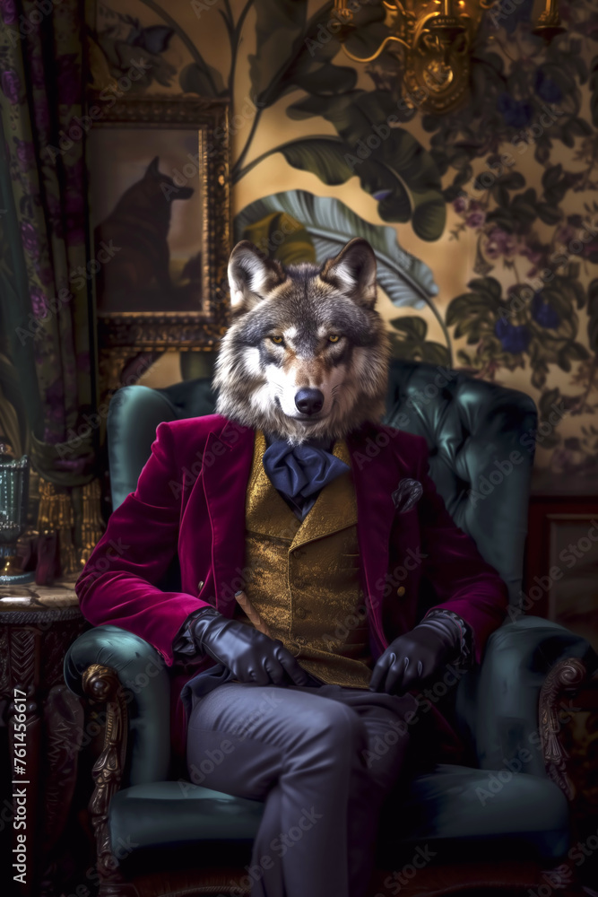 Illustration of a wolf in a velvet suit Generative AI