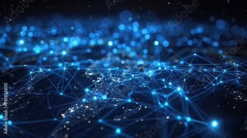 An abstract representation of global connectivity featuring a sparkling blue digital network overlaying a dark background, symbolizing modern communication, technology application