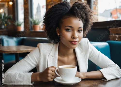 Beautiful african girl sits in a cafe with a cup of hot tea