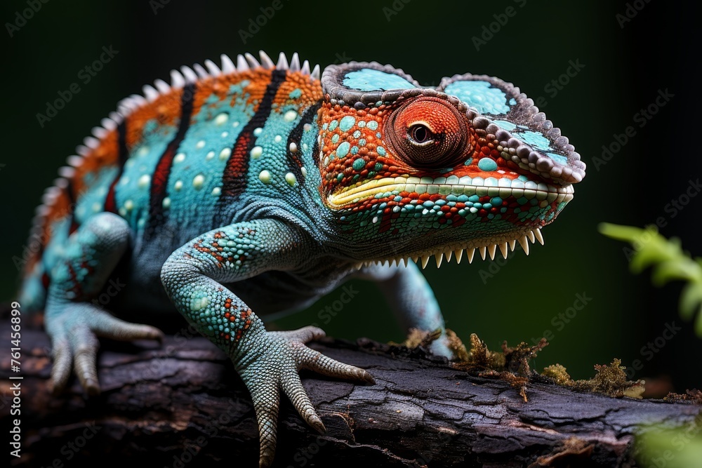 Fototapeta premium a hyper realistic, bioluminescent chameleon with vibrant, psychedelic colors, set against a dark, tropical forest backdrop