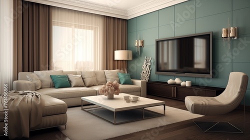 Taupe Walls with Teal and Beige Accents in the TV Lounge.