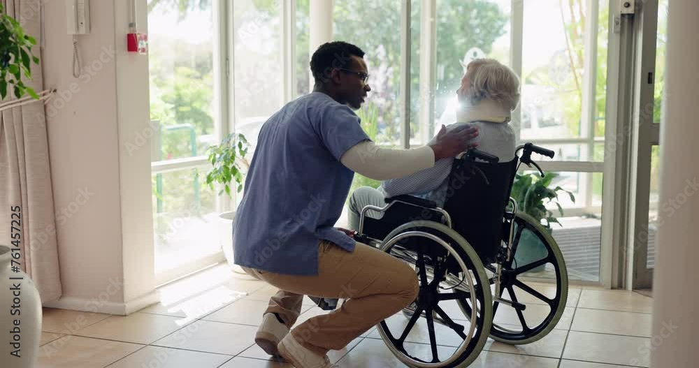 Old woman, wheelchair and window or nurse support as retirement illness or person with disability, cough or comfort. Man, volunteer and empathy in clinic or neck injury, rehabilitation or healthcare Old woman, wheelchair and window or nurse support as retirement illness or person with disability, cough or comfort. Man, volunteer and empathy in clinic or neck injury, rehabilitation or healthcare