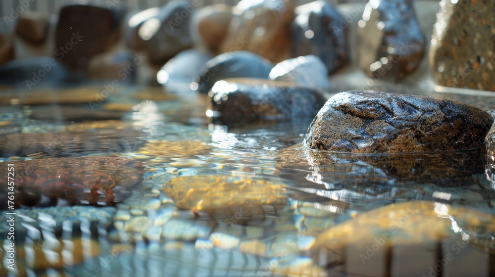 Serene blue hot spring with floating stones under soft light, reflecting calm and tranquility, suitable for spa and wellness themes. Serene blue hot spring with floating stones under soft light, reflecting calm and tranquility, suitable for spa and wellness themes.