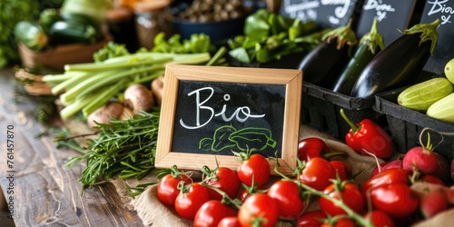 regional fresh vegetable store with sign "Bio" for natural and healthy food concept
