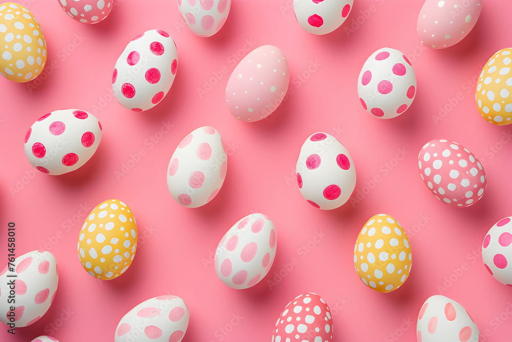 Illustrated Pattern of Pink, White, and Yellow Easter Eggs over Pink Background