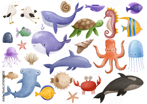 Large hand drawn set of sea animals and fish, turtles, whales, jellyfish. Ocean life, deep underwater world. Marine life. Cute childish simple illustration on isolated background photo