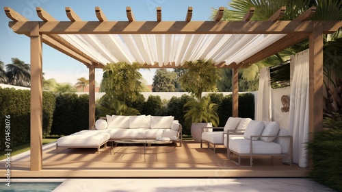 Use a pergola with a retractable canopy for customizable shade. © Aeman