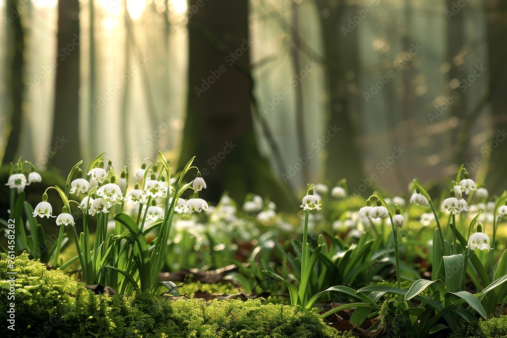 Sunlight streaming through trees illuminating snowdrops in a serene forest. The delicate white blooms, with their green spots, stand out against the forest floor's fresh, green moss.