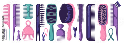 Hair styling tools. Cartoon professional hairdresser equipment, hair dryer straightener brush comb hairpin hairdresser accessories. Vector set. Colorful objects for beauty salon services photo