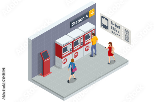 Isometric People buy Metro tickets. Tickets machine automat or Vending ticket machines at subway. Commuting passengers. Subway train collection. Vehicles designed to carry large numbers of passengers.