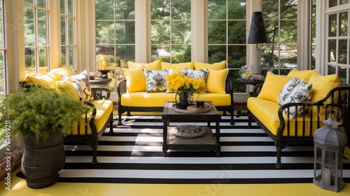 Use black and yellow outdoor rugs to define different zones in the sunroom.
