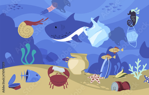 Cartoon underwater garbage. Sea marine wildlife polluted with plastic waste, ocean animals with plastic straws and bags. Vector illustration. Environmental pollution with fish, crab