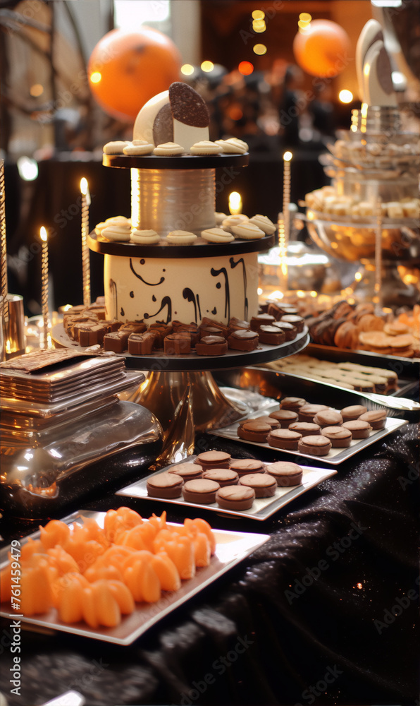 A table full of delicious-looking desserts and pastries, arranged on silver trays and platters. A table full of delicious-looking desserts and pastries, arranged on silver trays and platters.