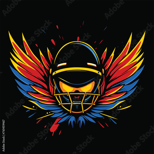 A cricket logo including full bats, a terrifying helmet,large wings in black, gold, red,and blue

