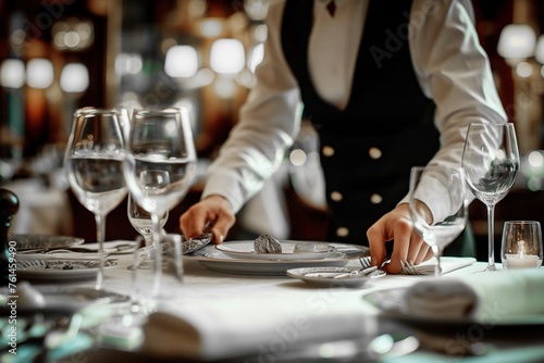 Waiter arranges a fine dining table