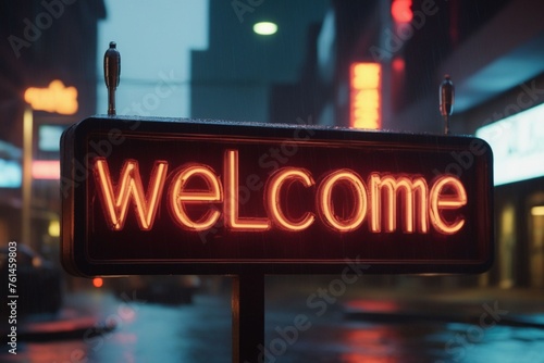 Slogan welcome neon light sign text effect on a rainy night street, horizontal composition