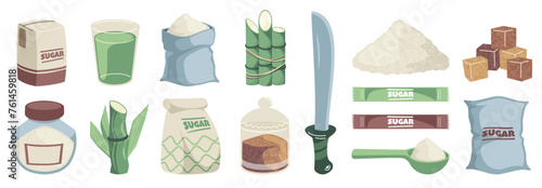 Cartoon white and brown sugar. Sweet ingredient for cooking, granulated powder and cube for baking, kitchen food product. Vector isolated set. Spoon, sword, plant and heap of sweetener