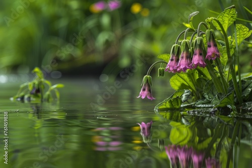 A serene scene of Comfrey (Symphytum officinale) growing wild along a stream, with its reflection visible in the calm water.  photo