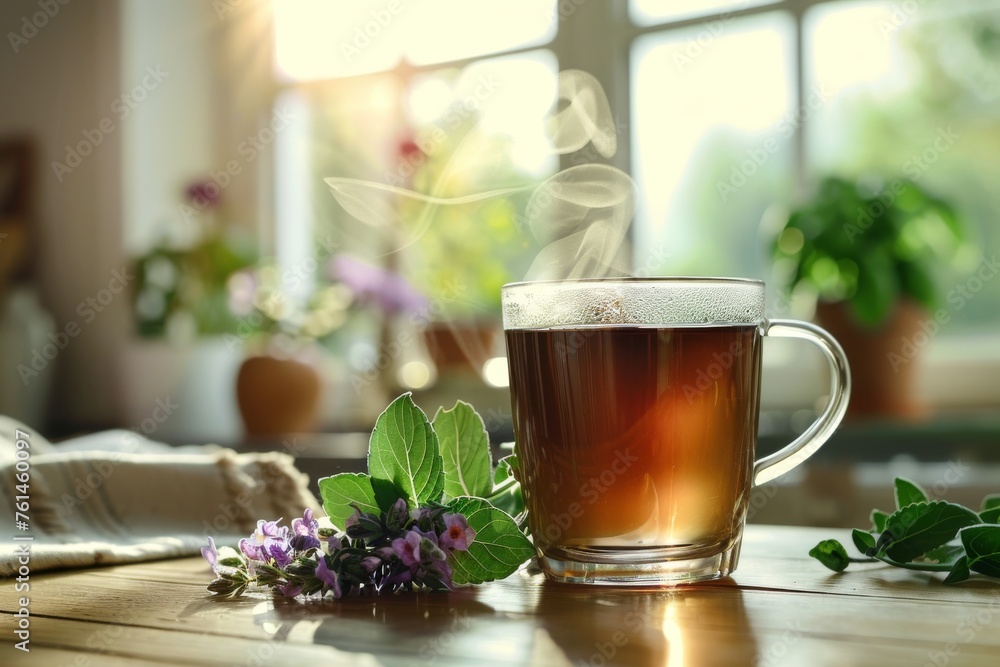 A steaming cup of Comfrey (Symphytum officinale) tea on a cozy kitchen table, with the plant's leaves and flowers arranged nearby. The warm, inviting atmosphere highlights.
A steaming cup of Comfrey (Symphytum officinale) tea on a cozy kitchen table, with the plant's leaves and flowers arranged nearby. The warm, inviting atmosphere highlights.
