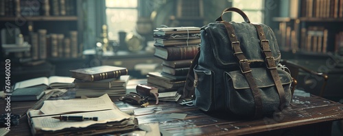 a desk with books and a backpack.