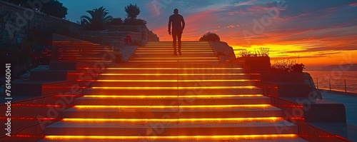 a man runs up a glowing staircase after sunset photo