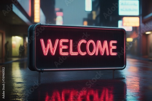 Slogan welcome neon light sign text effect on a rainy night street, horizontal composition photo