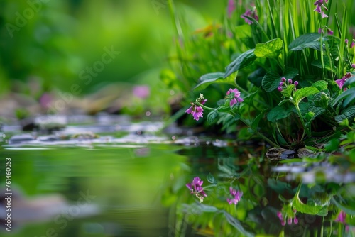 A serene scene of Comfrey (Symphytum officinale) growing wild along a stream, with its reflection visible in the calm water. 