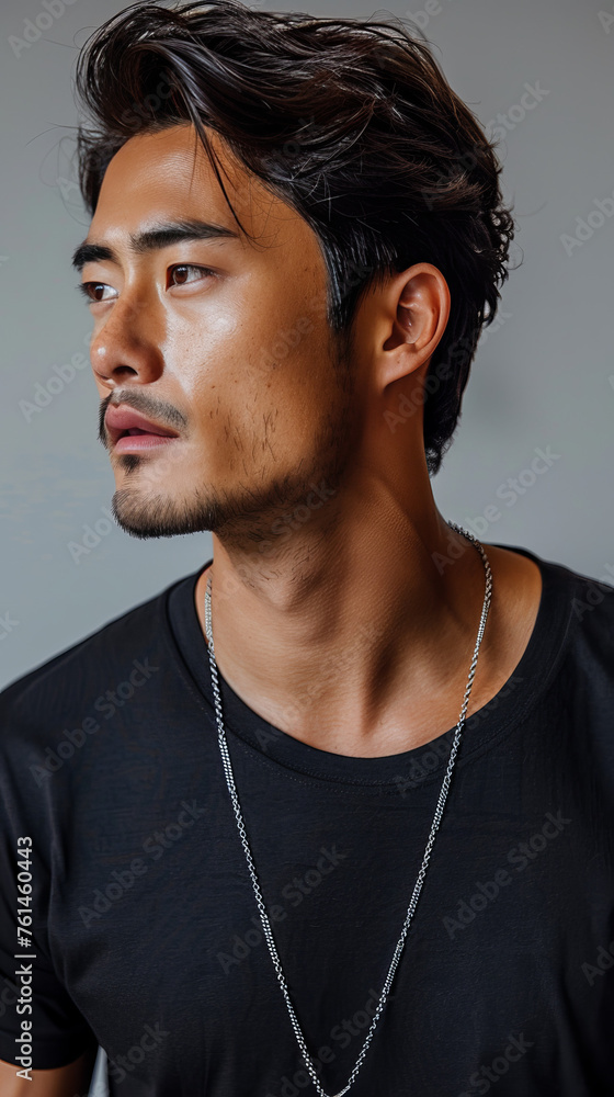 Stylish Korean Male Model in Black Tee and Silver Necklace
Stylish Korean Male Model in Black Tee and Silver Necklace