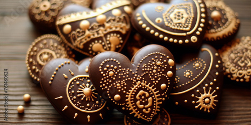 ?? Still life of heart-shaped gingerbread cookies decorated with golden icing.