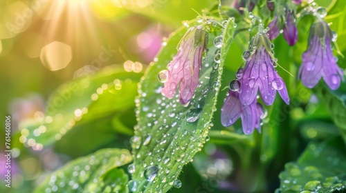 A vibrant close-up of Comfrey (Symphytum officinale) leaves and purple flowers, with dewdrops on them, in the early morning light. photo