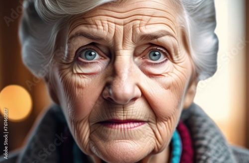 Portrait of gray-haired, tired grandmother with wrinkled face, unhappy eyes, elderly woman face close-up