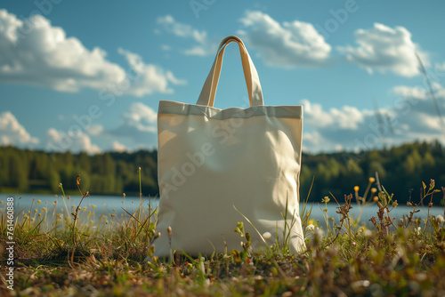 A canvas tote bag sits upright in a grassy field, with a scenic natural landscape in the background © Jakraphong