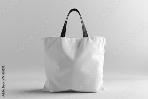 A white tote bag with black handles rests on a plain white background