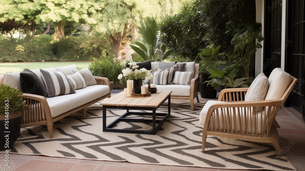 Use outdoor rugs to define seating areas and add texture.