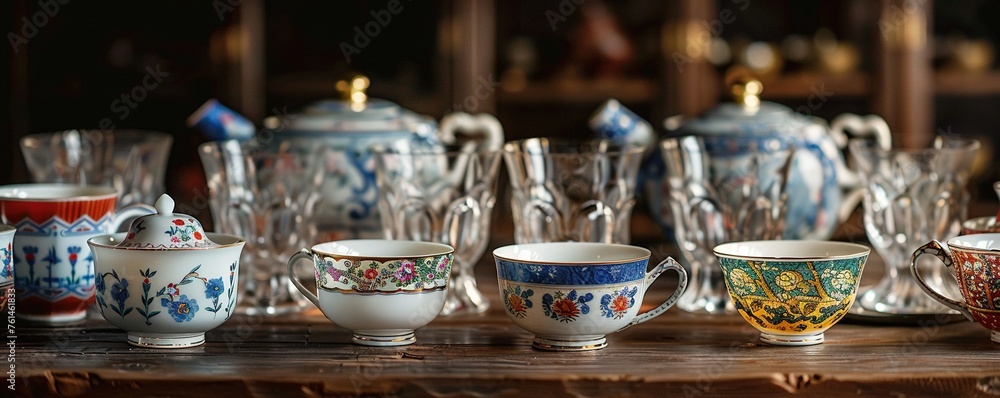 Closeup antique Chinese tea cups and crystal wine glasses, at home