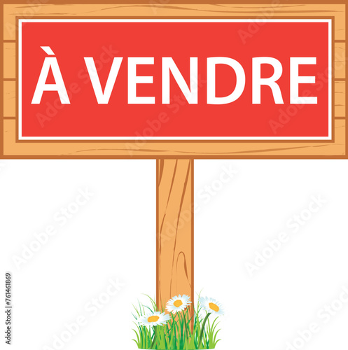 Panneau en bois avec écriteau à vendre. Illustration vectorielle. Immobilier.