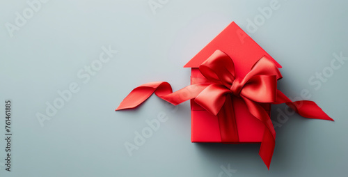 Red house-shaped gift with vibrant satin bow