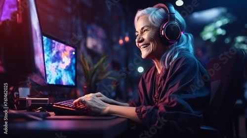 A happy Gray-haired elderly Woman, a professional streamer, a gamer playing video games on a computer in a game room. Workspace, Seniors, Hobbies, Esports, Cyber Sports concepts.