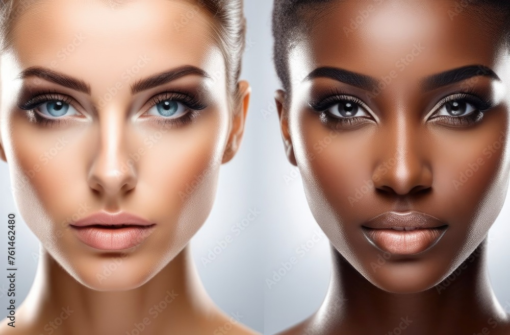 Portrait Of Two Attractive Women Combining Cosmetic Complexion Isolated On Grey Pastel Colors Background By Clean Fresh Skin On White Background, Facial, Facial Treatments, Cosmetology, Beauty And Spa Portrait Of Two Attractive Women Combining Cosmetic Complexion Isolated On Grey Pastel Colors Background By Clean Fresh Skin On White Background, Facial, Facial Treatments, Cosmetology, Beauty And Spa