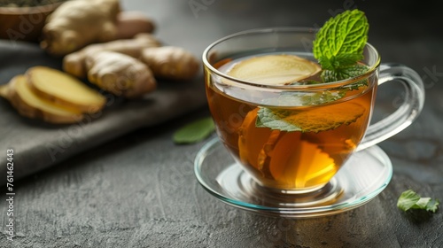An elegant glass cup of ginger tea, placed on a modern, minimalist table. The clear glass reveals the rich amber color of the tea, with a few ginger slices and a sprig of mint for garnish.