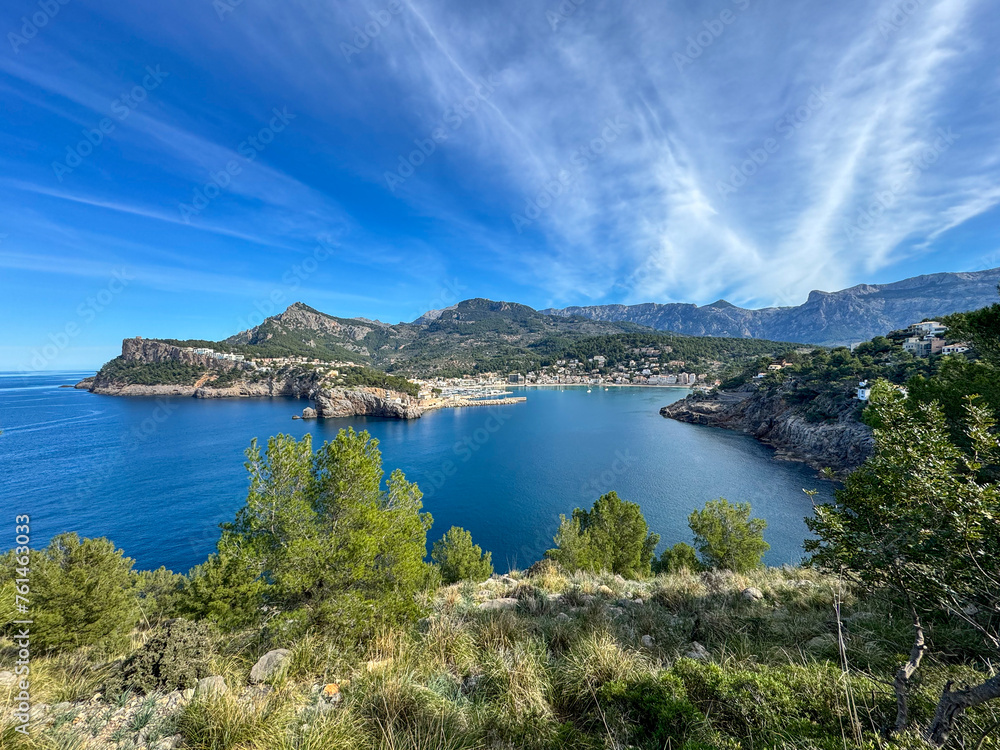 An aerial view of Port de Soller from mountains, Mallorca