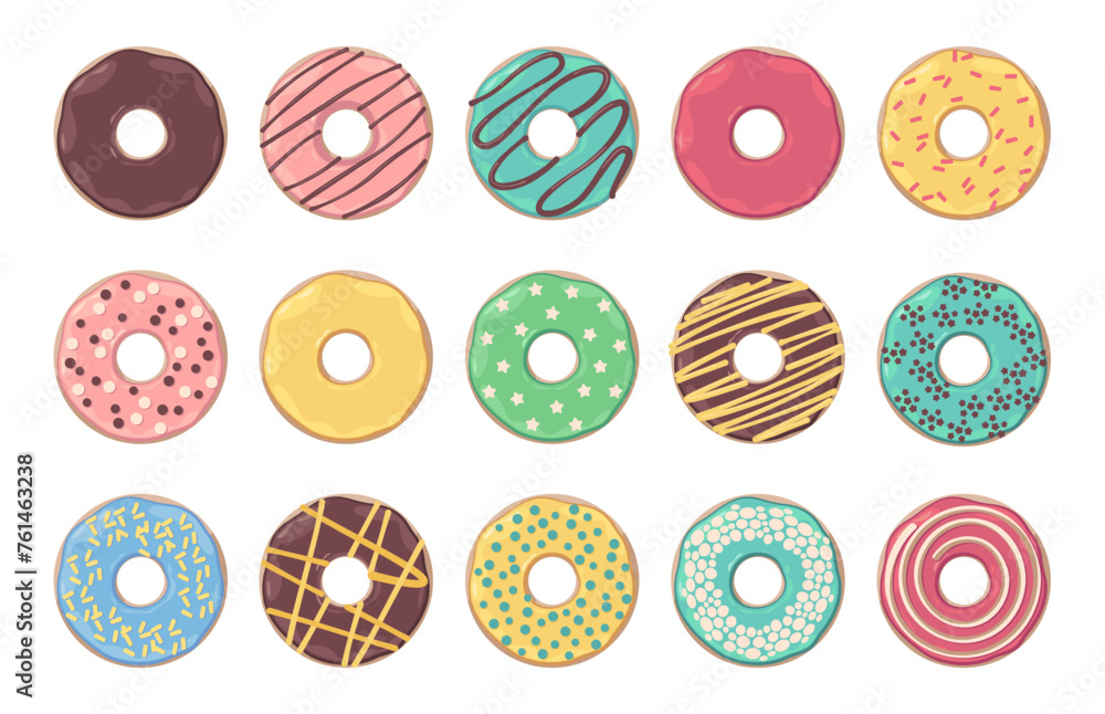 Cartoon donut. Cute colorful bakery glazed donut with hole, colorful sweet pastry donuts for kids birthday party, cute bakery dessert. Vector isolated set Cartoon donut. Cute colorful bakery glazed donut with hole, colorful sweet pastry donuts for kids birthday party, cute bakery dessert. Vector isolated set