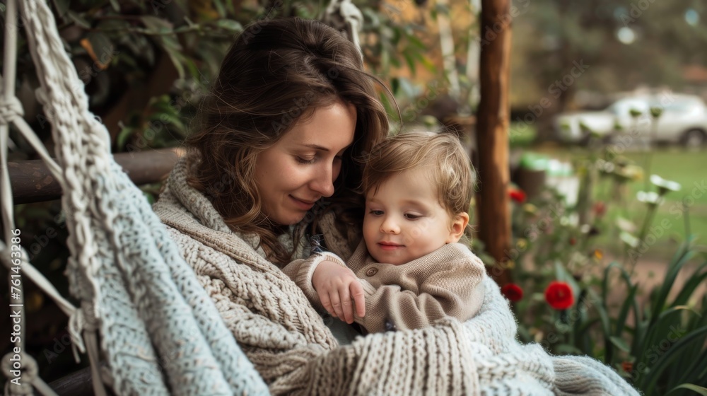 Obraz premium Mother with her toddler son in her lap, wrapped in a soft, knitted blanket on a garden patio swing. The scene is a perfect representation of cozy, hygge motherhood on a warm spring day.