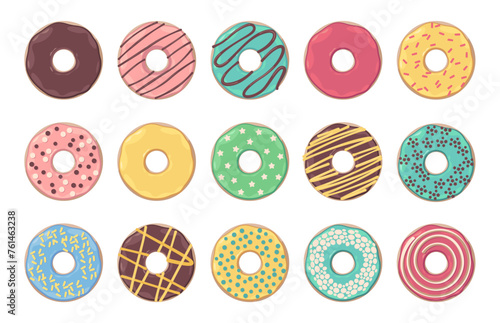 Cartoon donut. Cute colorful bakery glazed donut with hole, colorful sweet pastry donuts for kids birthday party, cute bakery dessert. Vector isolated set