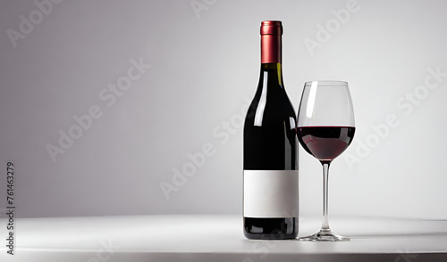 A bottle and a glass of red wine on a white table